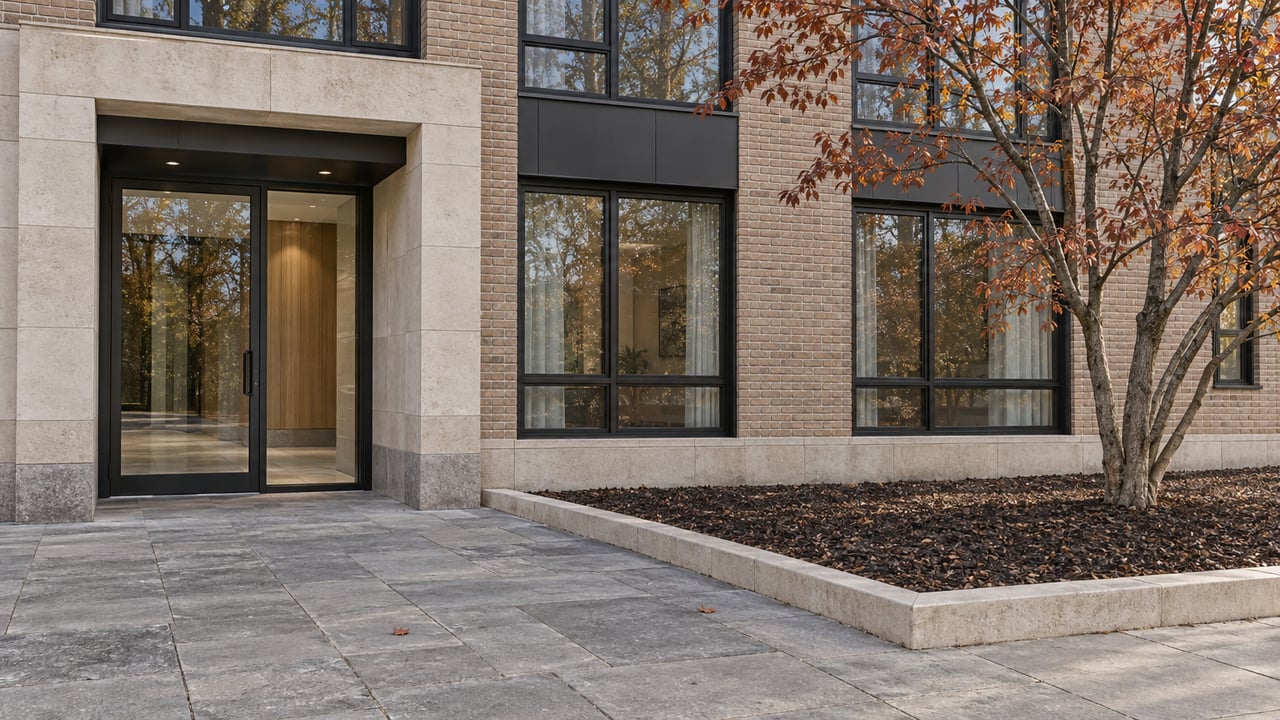 Autumn morning light on a limestone and buff-brick residential entrance, black-framed glazing and a serviceberry tree beside a curbed planting bed.