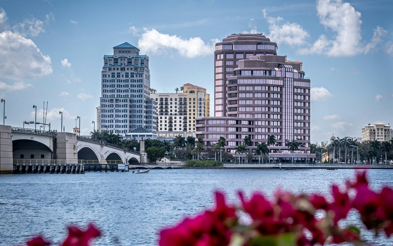 West Palm Beach skyline across the water, with a bridge and magenta flowers in the foreground.
