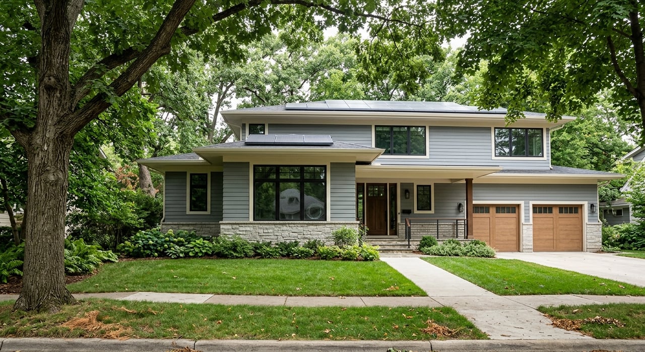 Gray-sided house with a stone base, stacked divided-light windows, lawn, ornamental grasses, and overhanging tree canopy.