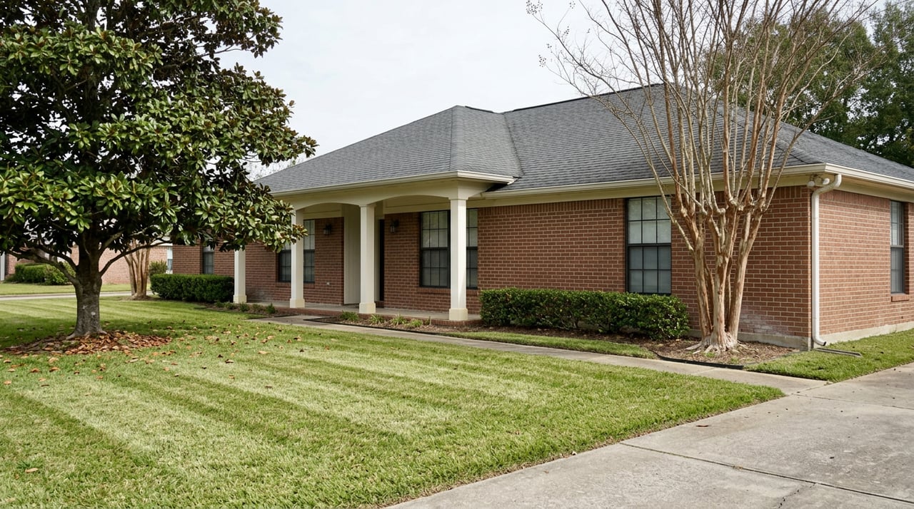 A brick ranch house with portico stands beyond a striped lawn and magnolia tree.
