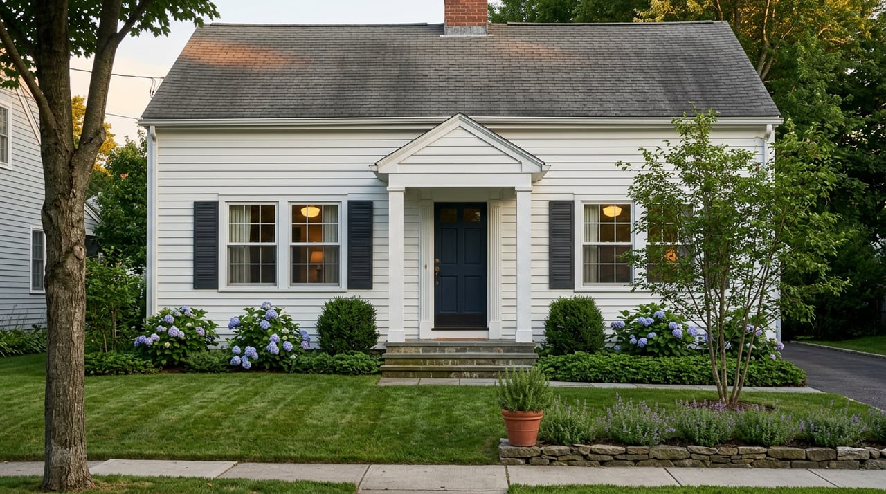 Two-story white clapboard house with a navy door, brick chimney, blue-violet hydrangeas, and a small front lawn.