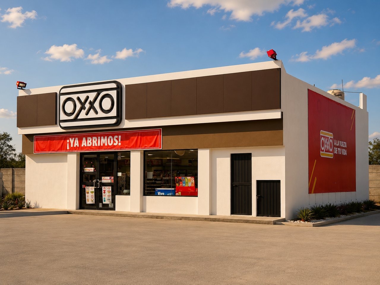 OXXO convenience store with a red “¡YA ABRIMOS!” banner and a wide paved forecourt.