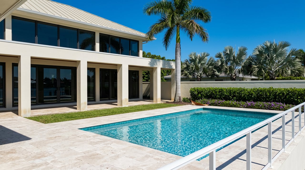Coastal-modern home with square concrete columns overlooking a turquoise pool, travertine deck, and palms.