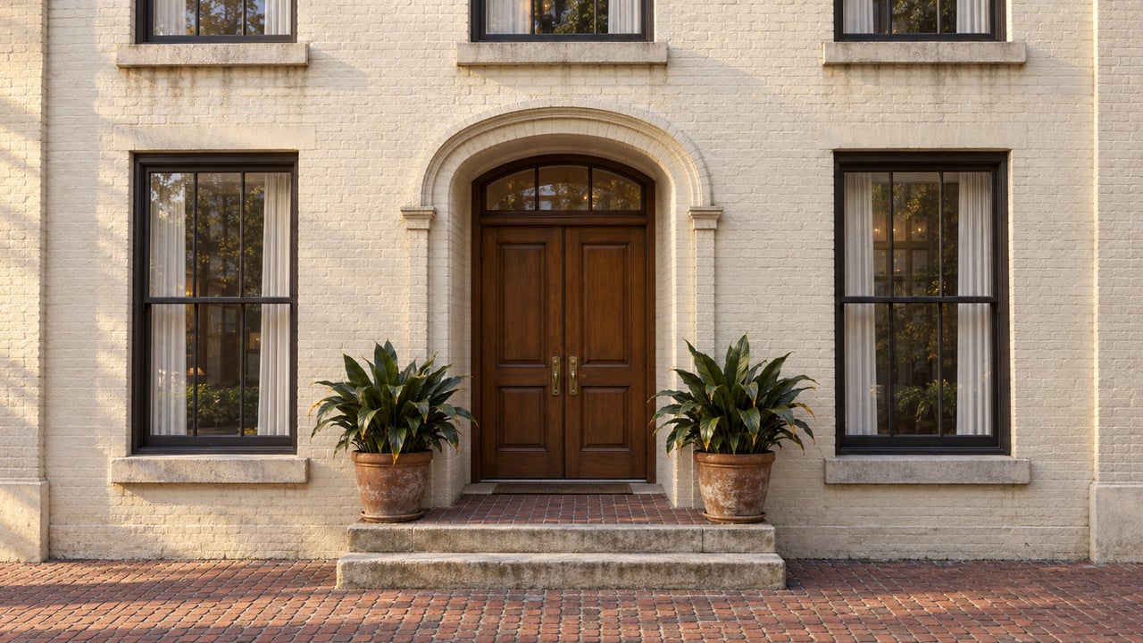 Ivory painted-brick condominium entry with tall windows, paired timber doors, worn stone steps and two terracotta planters.