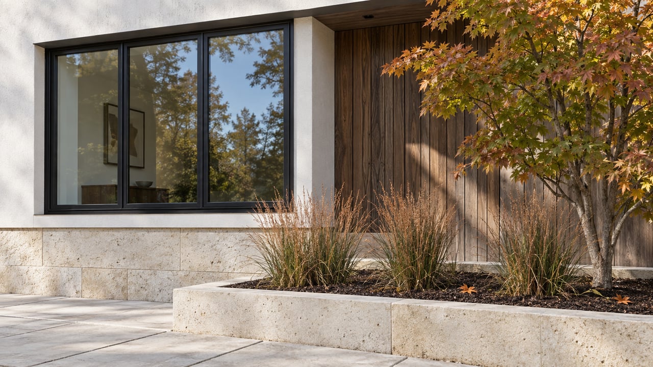 Contemporary home exterior with white stucco, black steel windows, warm wood cladding and a limestone-edged autumn planting bed.