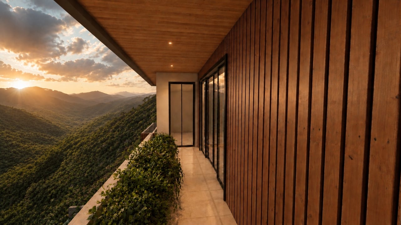 Covered balcony with wood-paneled walls overlooking forested mountains at sunset.