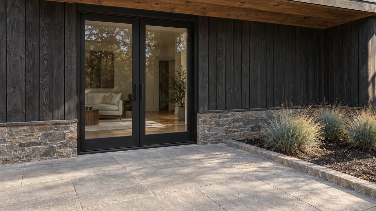 Dark wood home with paired glass terrace doors beneath a timber overhang, a stone wall base, and concrete paving beside three blue-green grass clumps.