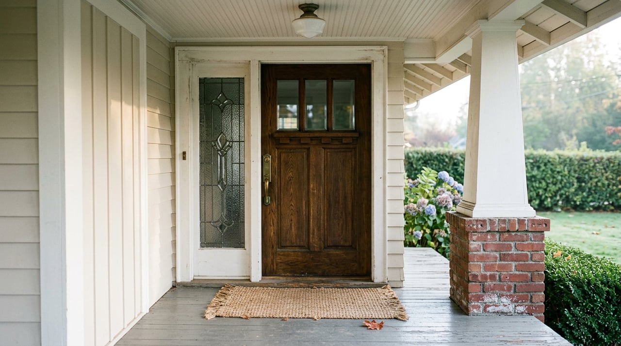 Vintage porch entry with an oak paneled door, leaded-glass sidelights, and a white column on a brick pier.