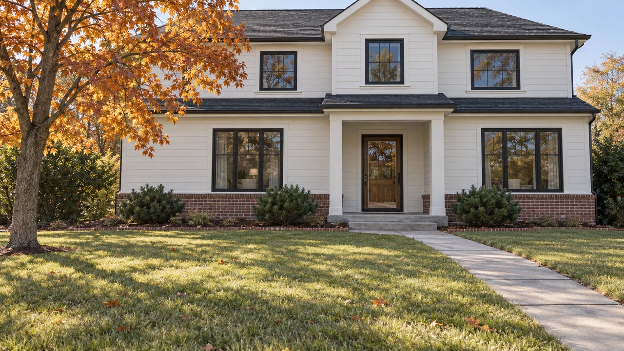 A white two-story home with black-framed windows, a deep front lawn and an amber-leaved maple in afternoon sunlight.