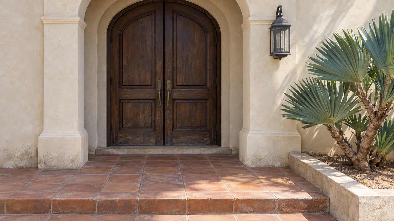 Cream stucco arched entry with closed dark oak double doors, a terracotta landing and a sculptural fan aloe in a stone-edged planting bed.