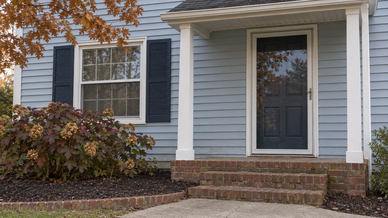 Pale blue siding, dark shutters and a glass storm door above weathered brick steps, beside oakleaf hydrangea in autumn color.