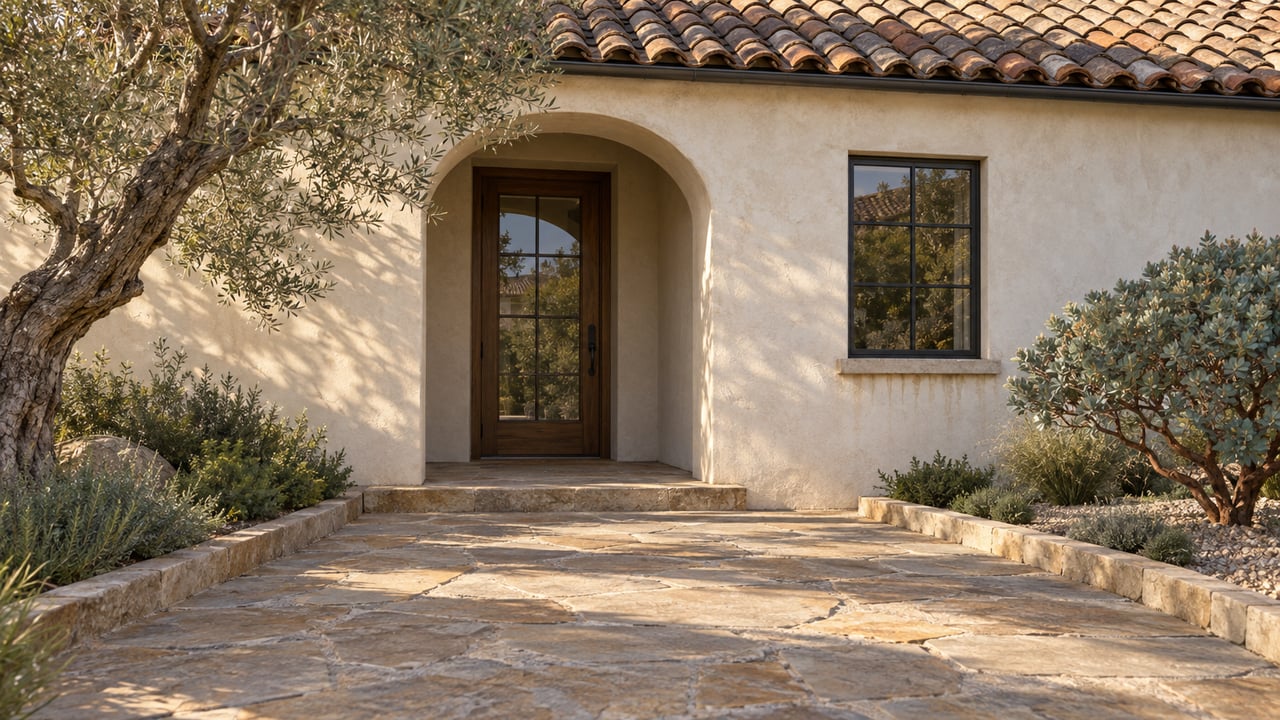 Pale stucco house with a weathered tile roof, arched oak entry, sandstone approach, and olive tree.