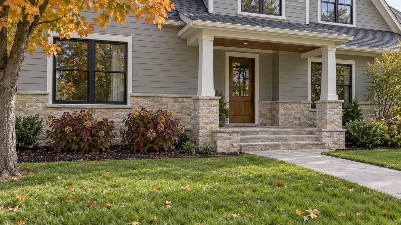 Autumn light across a limestone and gray-sided home, with an oak front door, broad porch steps and a deep green lawn.