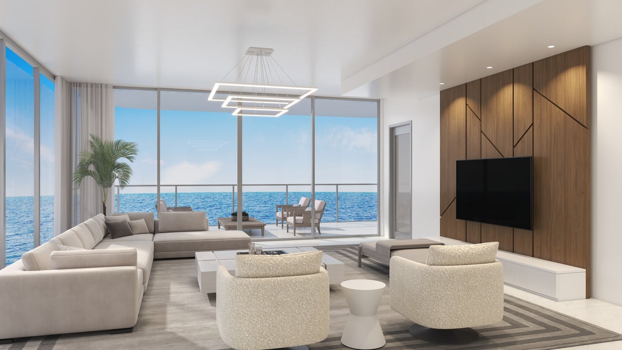 Ocean 580 residence living and dining room rendering facing the Atlantic.