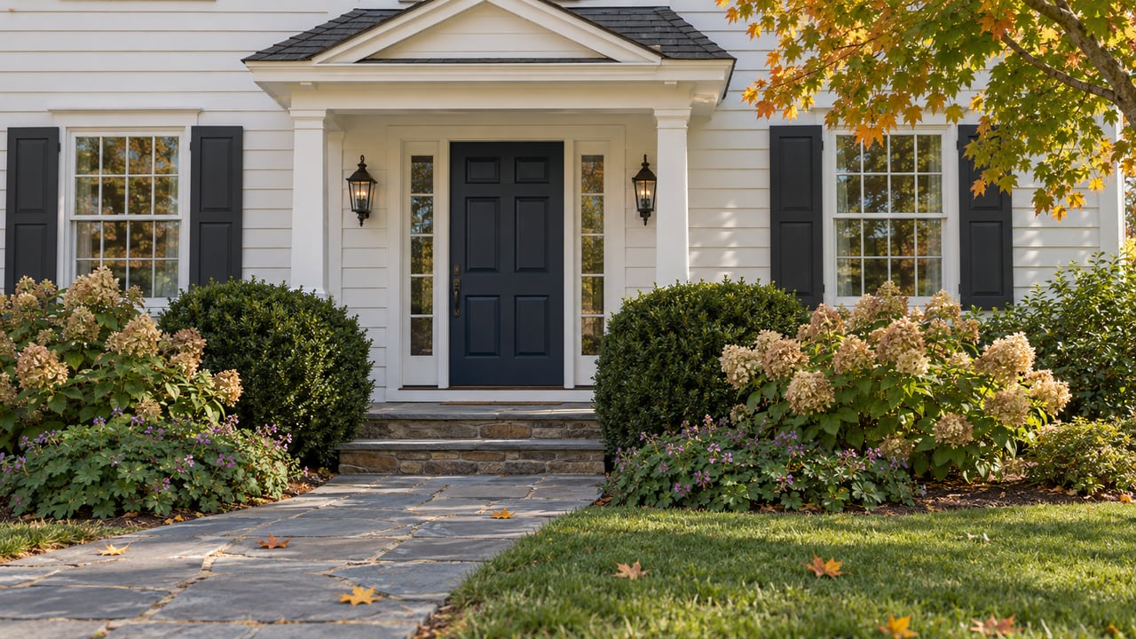 White clapboard house with a navy door, bluestone walk, and amber-edged maple leaves.