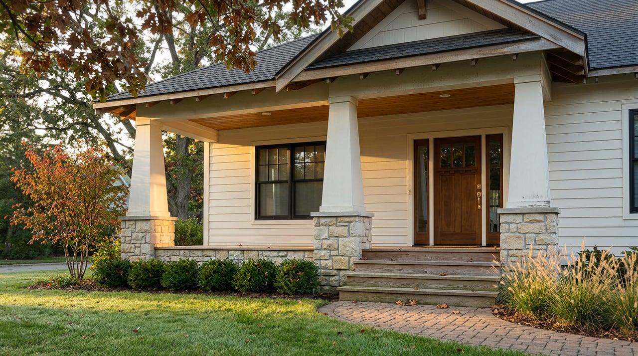 White craftsman-style home with tapered porch columns, stone piers, honey-toned ceiling, and autumn-colored serviceberry.