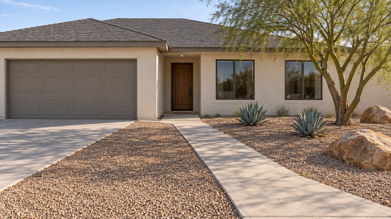 Single-story cream stucco home with a gray shingle roof, broad gravel front yard, sculptural palo verde and pale concrete entry walk.