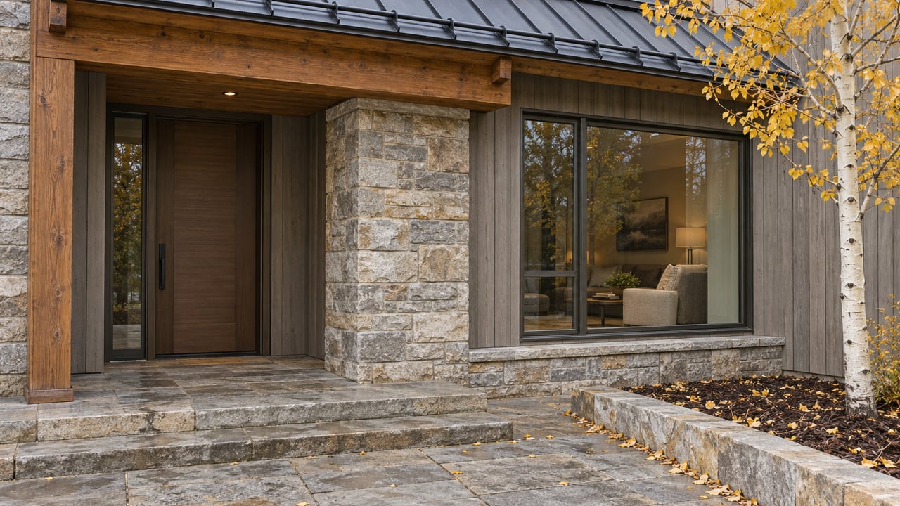 A recessed glass condominium entrance beneath a timber and metal canopy, beside a quartzite pier and a gold-leaved aspen.