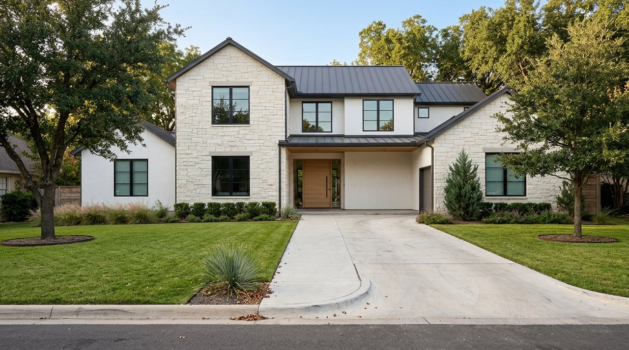 Stone, metal, and oak details on a modern home exterior.