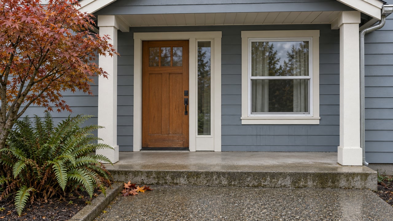 Covered blue-gray house entry with a fir door, white-trimmed window, damp concrete step and autumn maple leaves.