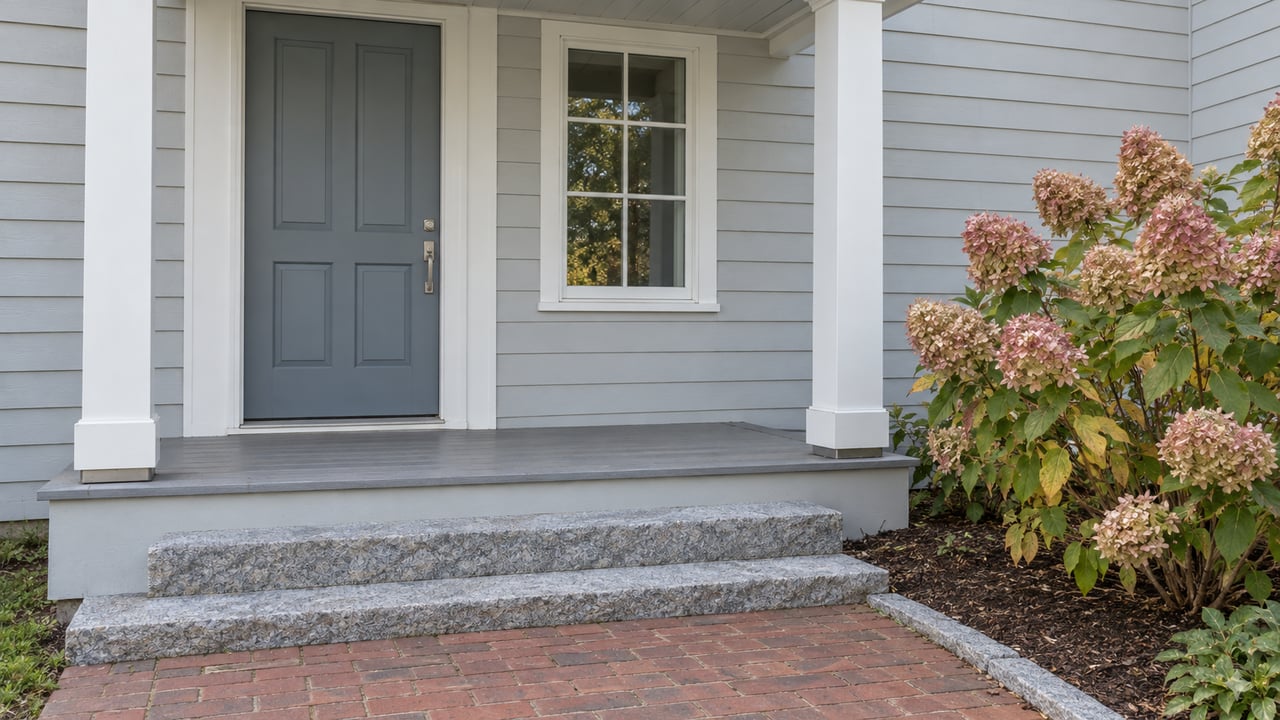 Blue-gray front door beneath a shallow porch roof, beside a divided-light window, with granite steps, a brick approach and an autumn-flowering hydrangea.
