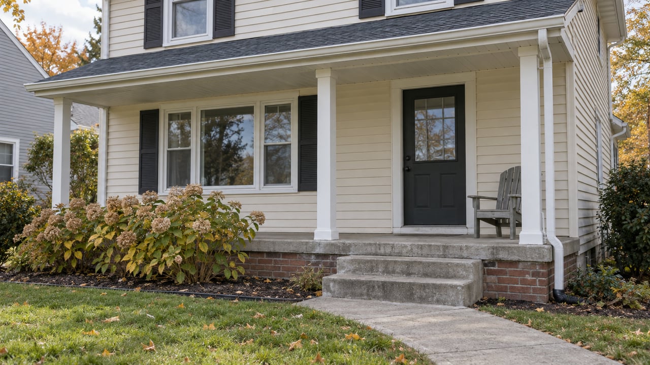 Cream-sided two-story home with black shutters, a small covered concrete porch and an autumn lawn.