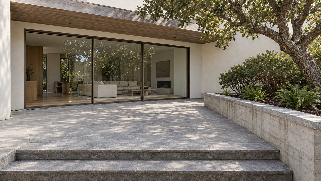 Stone steps descend into a limestone courtyard beside a glazed contemporary home, with a mature oak and manzanitas in a raised concrete planter.
