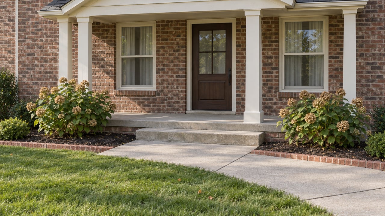 Red-brown brick home with an ivory-trimmed covered entry, concrete steps, green lawn and two hydrangeas with dried autumn blooms.