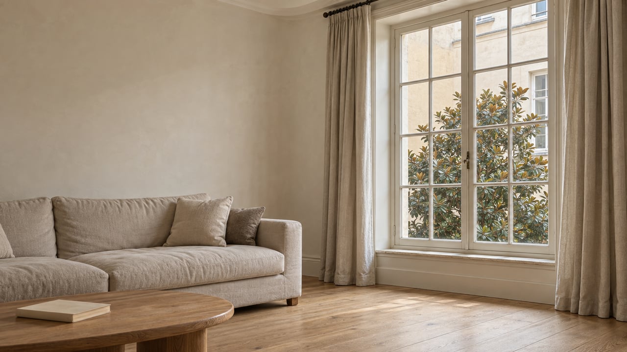 Soft daylight crosses an ivory living room with a tall gridded window, linen sofa, oak table and pale wood floors.