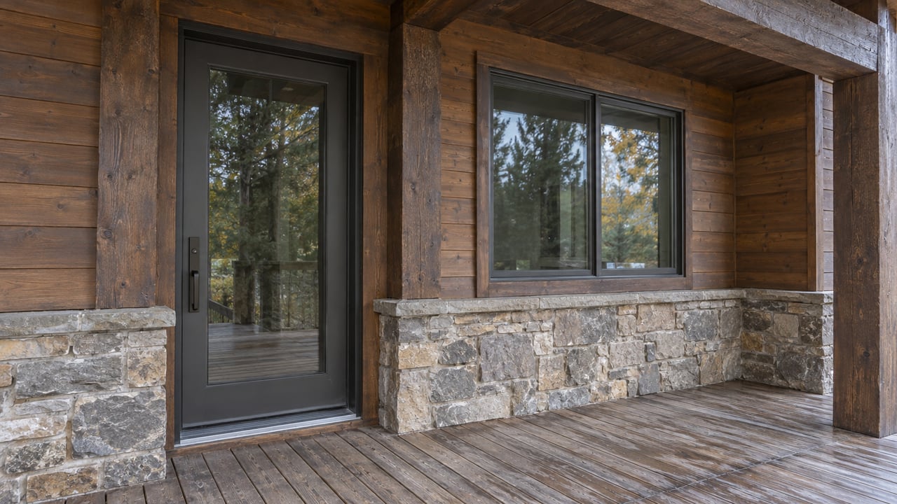 Weathered timber entry and broad charcoal-framed window above a rugged stone base and sheltered wooden deck.