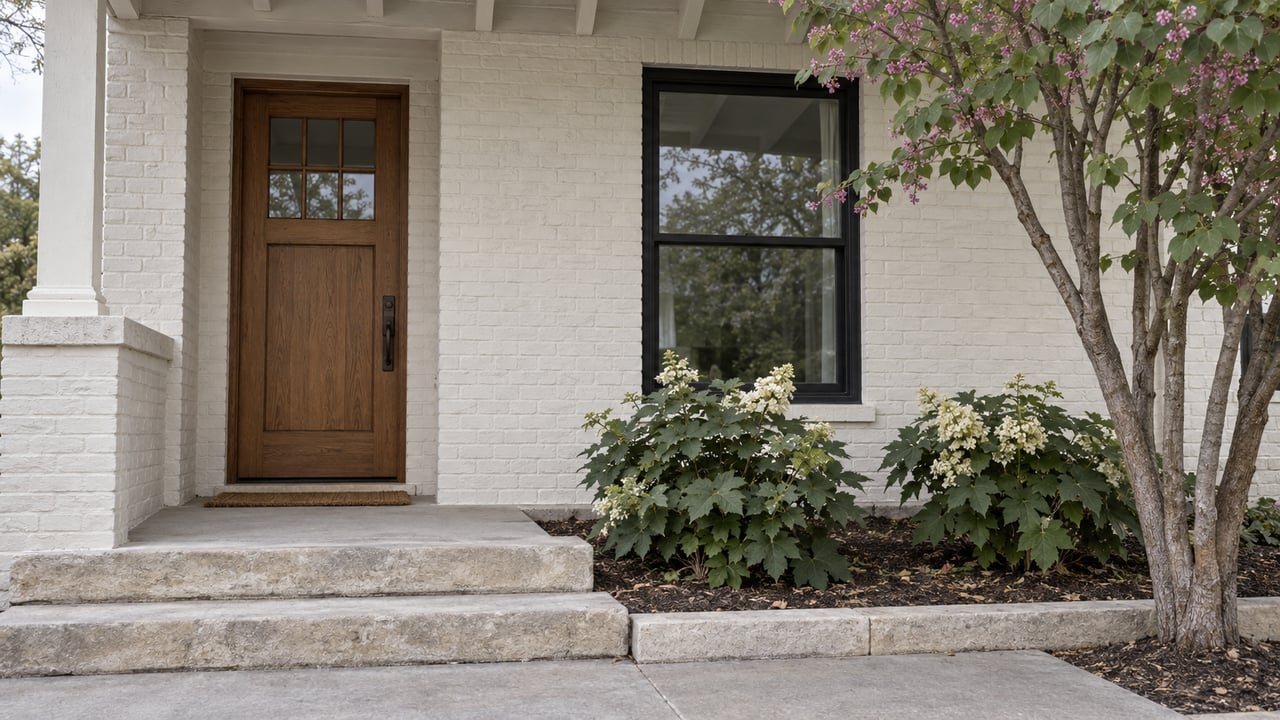 White-painted brick bungalow with oak door, black-framed window, limestone steps, and a small planted bed.