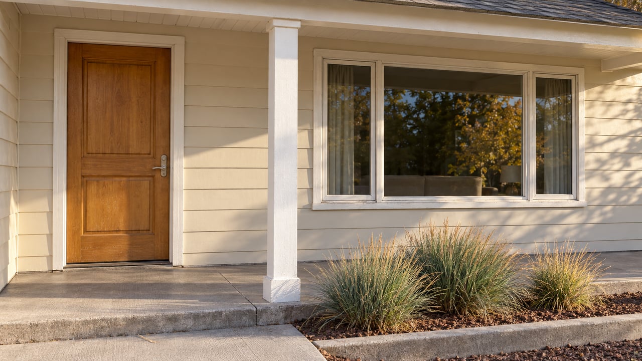 Late-afternoon light on a single-story home's covered entry, cream wood siding, honey-toned door, and concrete porch beside three blue-green fescue clumps.