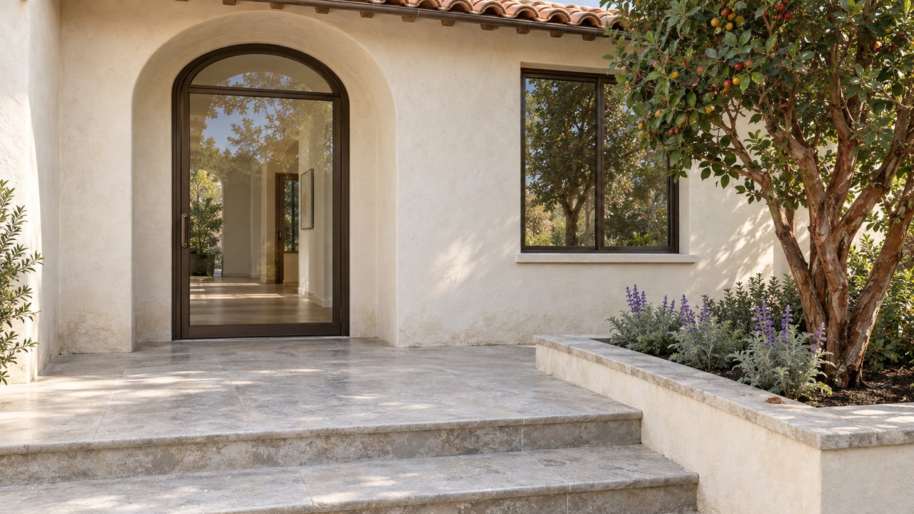 Cream stucco home with an arched glass entrance, warm-gray limestone steps and a sculptural strawberry tree in a raised planting bed.