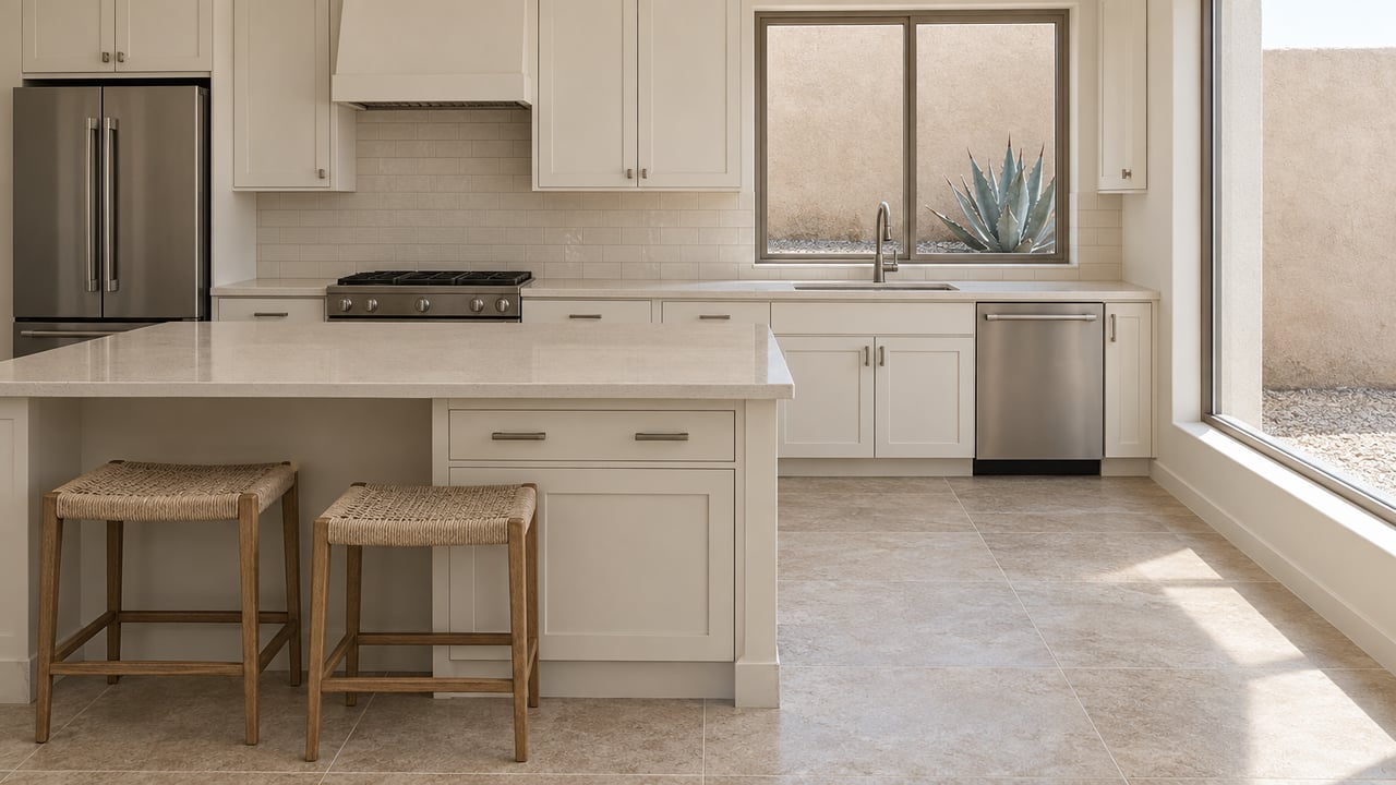 Updated residential kitchen with warm-white cabinets, a cream quartz island and a courtyard-facing window overlooking one blue-gray agave.