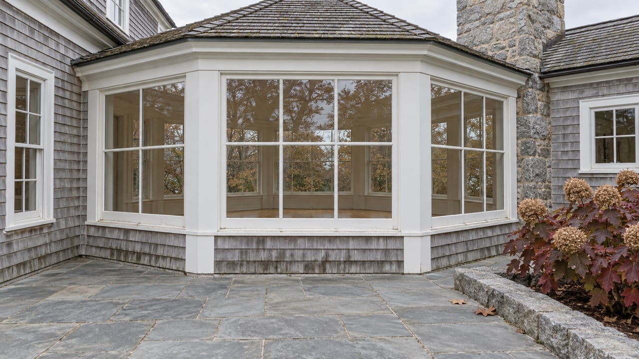 Weathered cedar-shingle sunroom with white divided-pane windows above a bluestone terrace and burgundy oakleaf hydrangea.