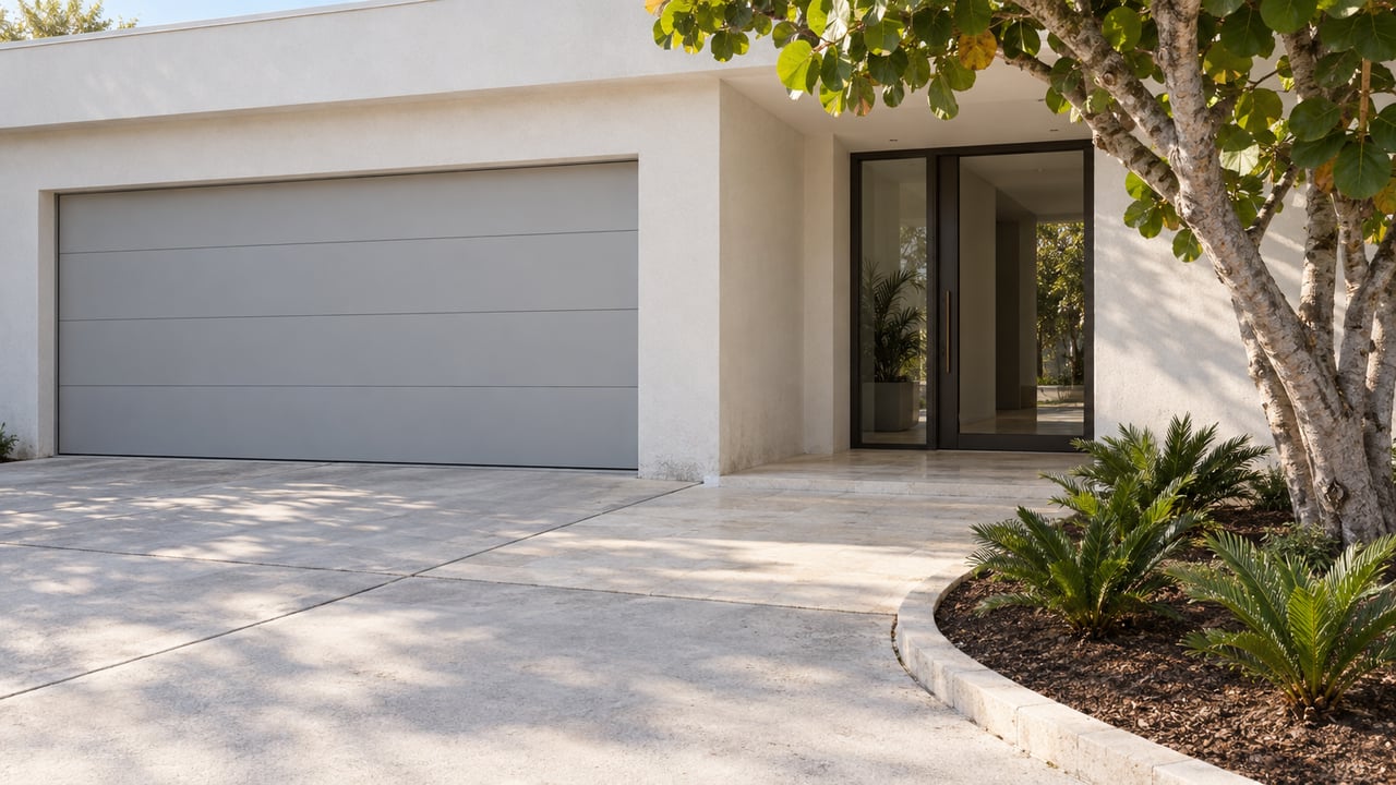 Pale stucco home with a closed garage, recessed glass entrance, limestone walk and sculptural sea grape planting in afternoon sunlight.