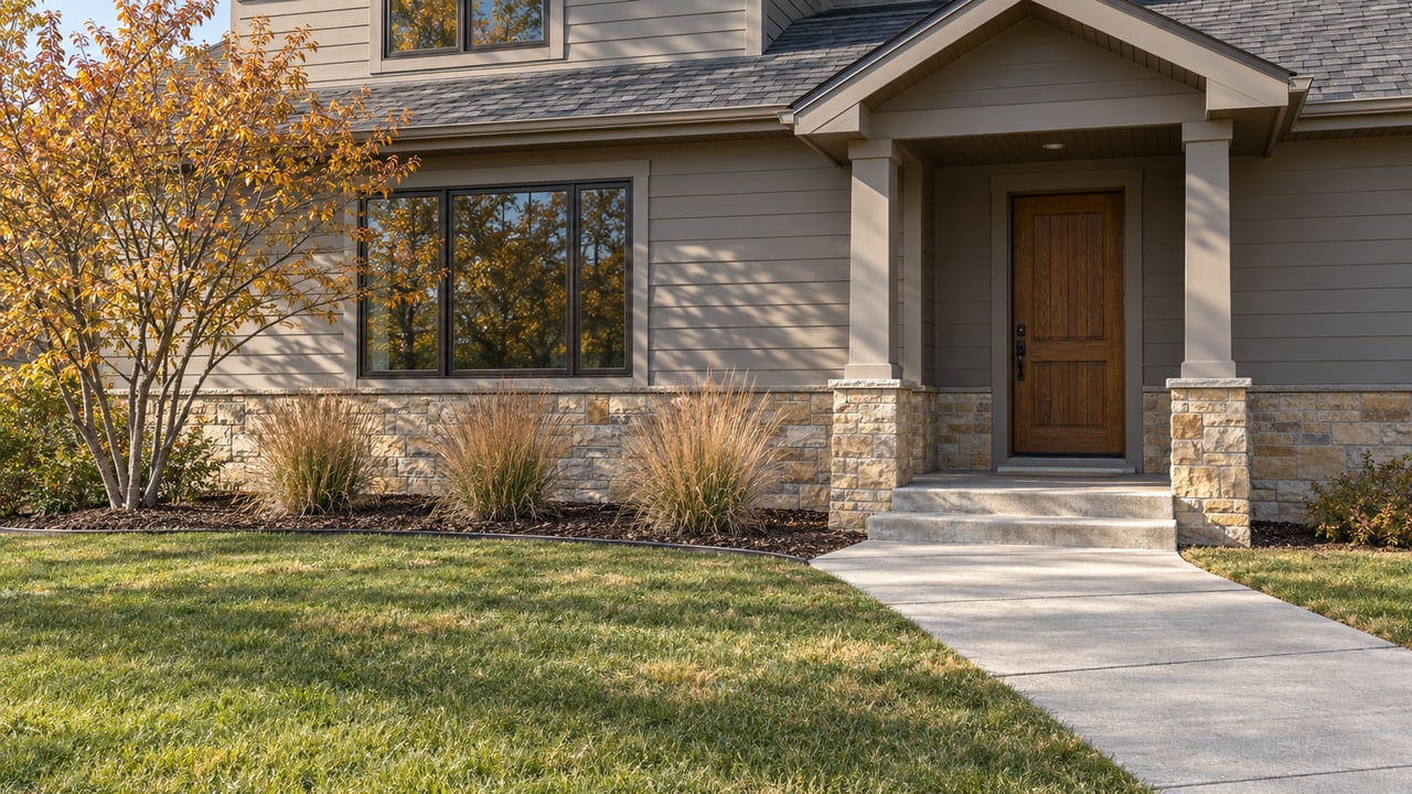 An updated gray-sided home with a sandstone foundation, covered oak entry, deep front lawn, and autumn serviceberry planting.