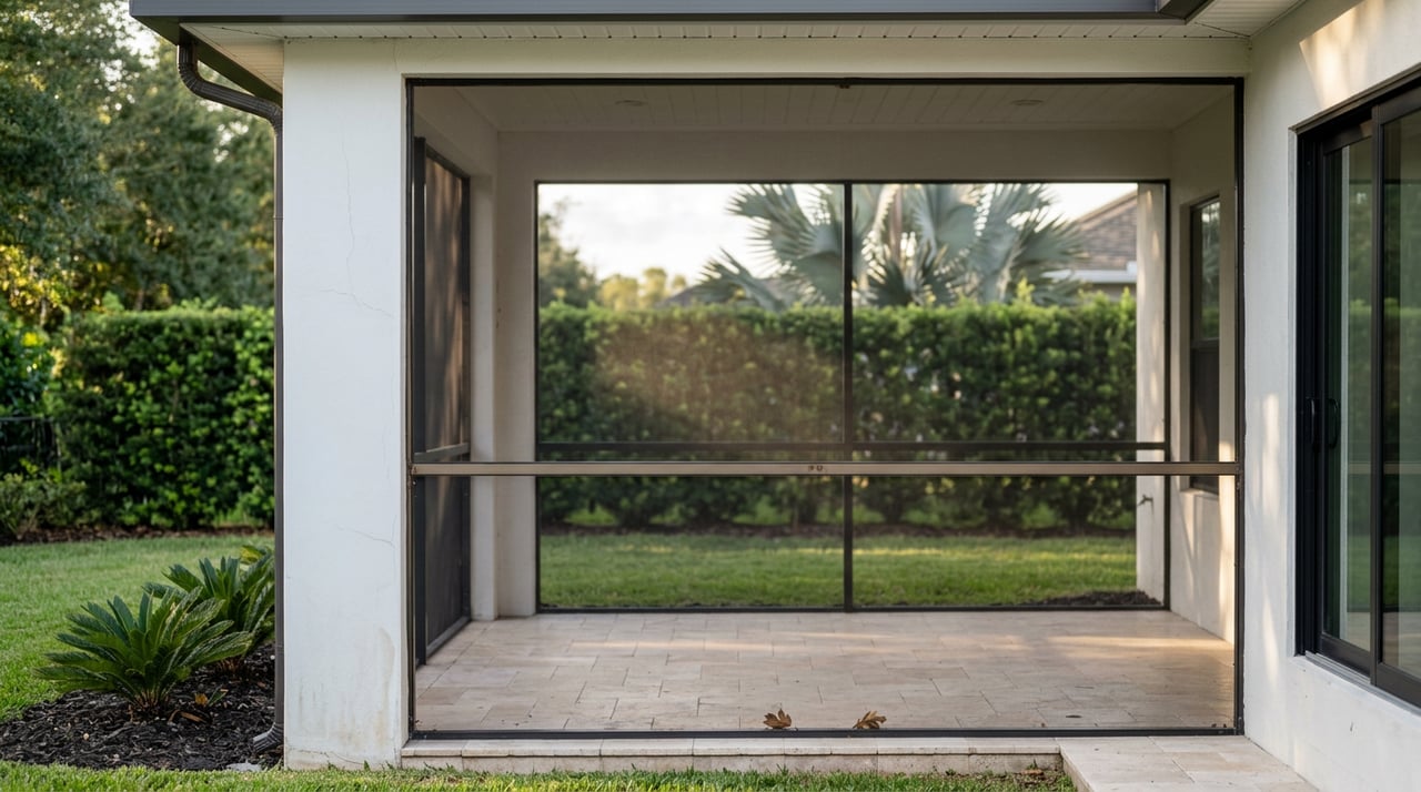 Stucco pier and bronze screen frame beside a lanai, with lawn and hedge visible through the mesh.
