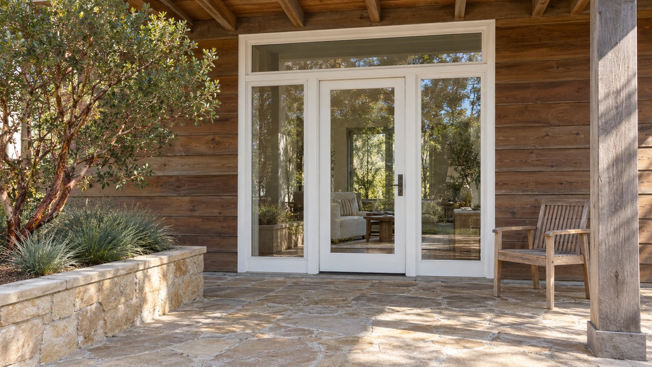 Covered wood-sided porch with tall white-framed glass doors, sandstone paving, a teak chair and a raised manzanita planting bed.