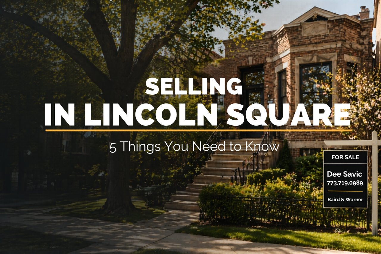 Tree-lined residential street with for sale sign in Lincoln Square 