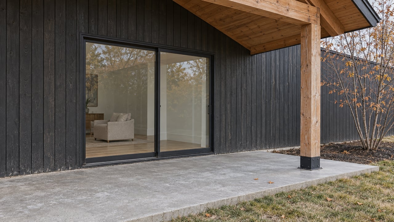 Covered patio with exposed timber, charcoal wood siding and closed glass doors beside a mostly bare serviceberry and late-season lawn.