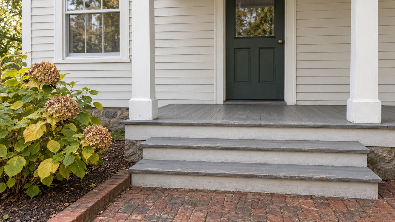 White clapboard home entrance with a dark green door, gray steps, and brick walkway.