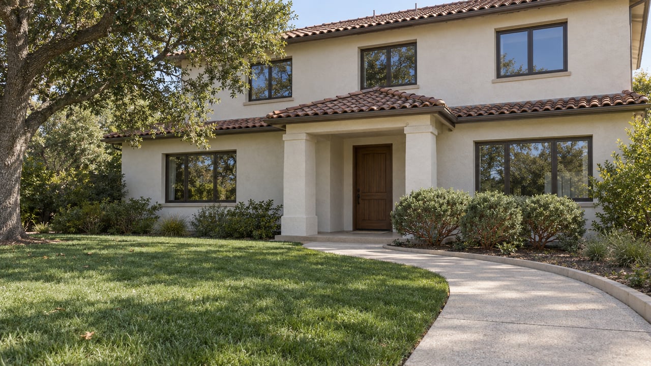 An ivory stucco home with clay roof tiles, bronze-framed windows, an oak front door, and a deep lawn shaded by a mature oak.