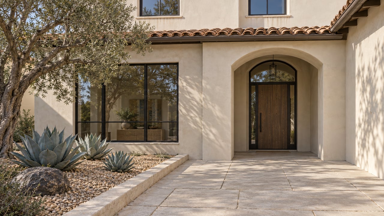 Warm ivory stucco home with a recessed arched oak entrance, broad stone-colored pavers, and a mature olive tree above a gravel bed of agaves.