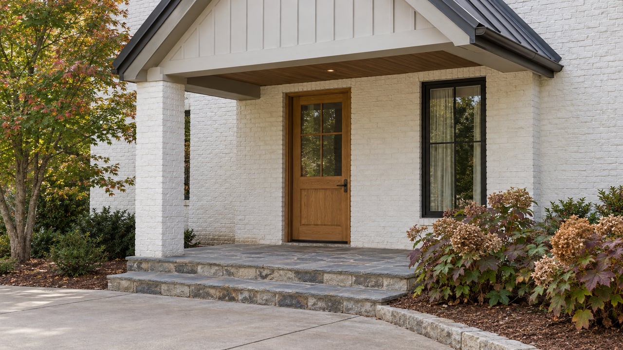 White-brick home with a steep covered entry, oak front door, black-framed window, stone steps, and early autumn foliage.