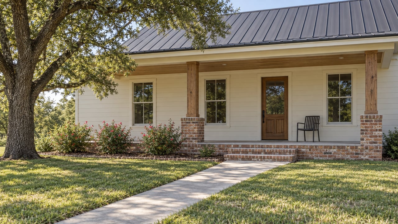 Cream wood-sided home with a standing-seam roof, deep porch, brick steps and an open lawn beneath a spreading live oak.