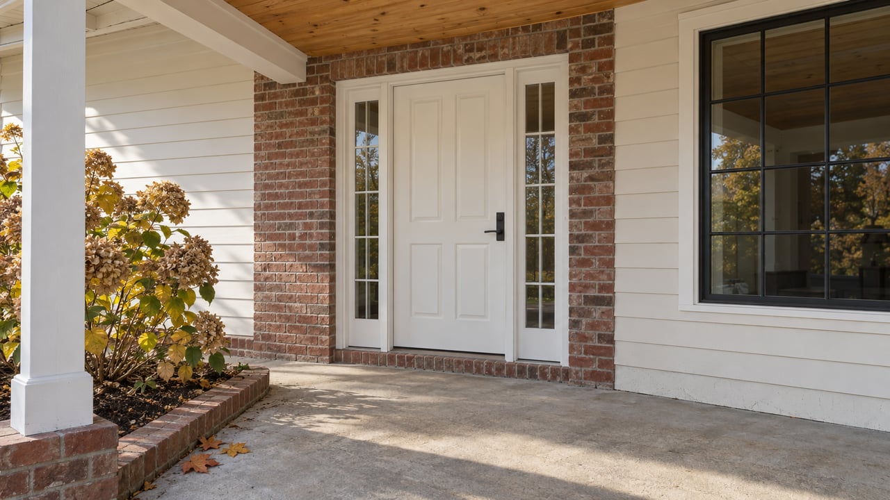 Sunlit covered entry with white siding, red brick, paired glazed sidelights, and dried hydrangea beside a raised concrete porch.