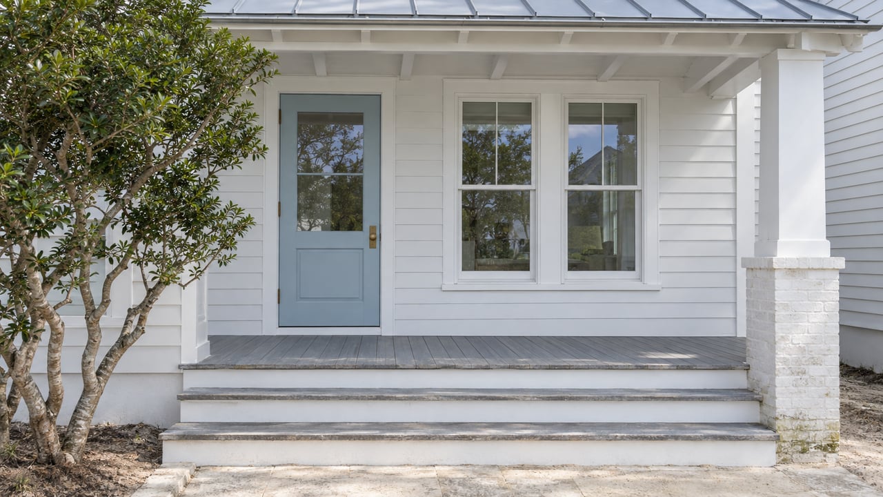 Pale blue cottage door and paired white windows beneath a gray metal porch roof, with worn painted steps and a sculptural yaupon holly.