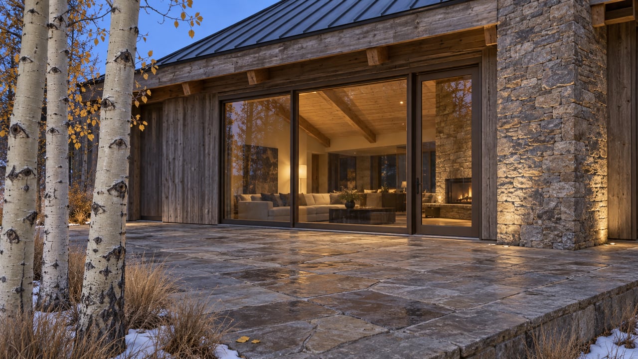 Blue-hour view of a timber-and-stone home with closed bronze-framed glazing, quartzite terrace and nearly bare aspens.