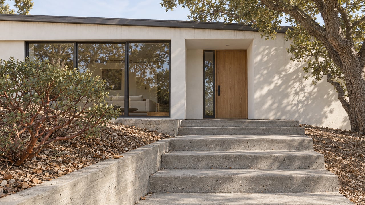 A modern stucco home above broad concrete entrance steps, with dark-framed windows, an oak door and sculptural native trees.